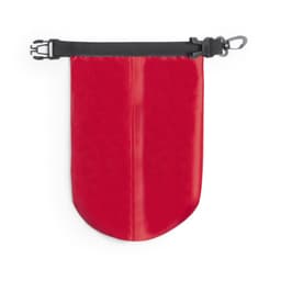 A red dry bag with a black strap and buckle, featuring a textured surface and a rounded bottom.