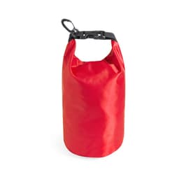 A red dry bag with a secure closure and a clip for easy attachment. The bag has a textured surface and features a logo.