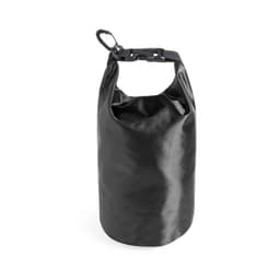 A black dry bag with a roll-top closure and clip, featuring a textured surface and a handle. It has a logo.