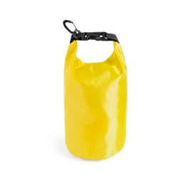 A yellow dry bag with a black strap and clip, designed for waterproof storage.