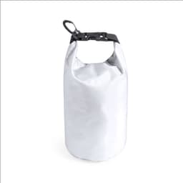 A white dry bag with a secure top closure and a sturdy strap. It features a logo on the side.