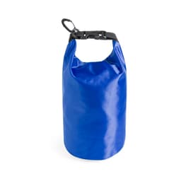 A blue dry bag with a secure closure and a clip for easy attachment. It has a textured surface and a branding logo.