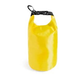 A yellow dry bag with a black strap and clip at the top, featuring a logo.