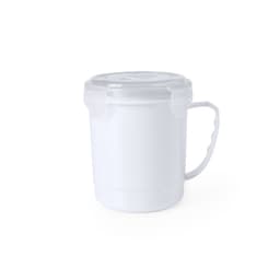 A white jar with a handle and a secure lid, featuring a branding logo. Ideal for home use.