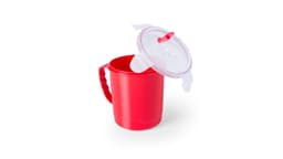 A red jar with a handle and a transparent lid partially covering it. It features a logo on the side.