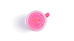 A drink bottle with a pink lid and a clear body, featuring a sealable opening and a logo.
