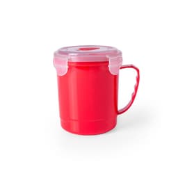 A red jar with a handle and a clear lid, featuring clips for secure closure. It has a smooth finish and a glossy surface.