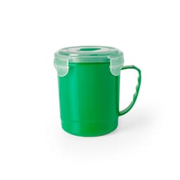 A green jar with a handle and a transparent lid, featuring a logo on the front.