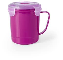 A purple storage jar with a handle and a secure lid, suitable for home use. Features a branding logo.