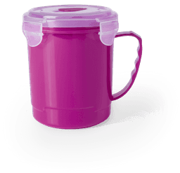 A pink jar with a handle and a lid, featuring a logo, suitable for various home uses.