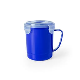 A blue jar with a clear lid and handle, featuring a simple design and a logo on the side.