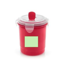 A red storage jar with a clear lid and a handle, featuring a blank label area for customisation.