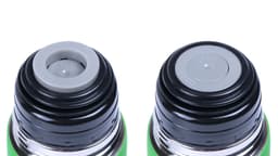 A drink bottle with a dual-opening lid in grey and black, featuring a green body and a logo.