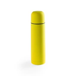 A drink bottle in vibrant yellow with a sleek, rounded design and a black band. It includes a logo on the surface.