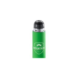 A drink bottle in green with a black lid and a logo featuring mountain imagery.