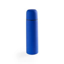A drink bottle in bright blue with a smooth finish and a rounded cap. It features a simple logo.