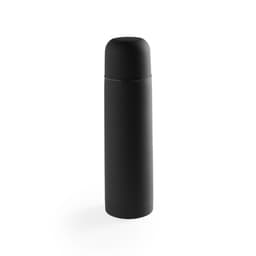 A drink bottle in matte black finish with a rounded cap, featuring a logo. Ideal for hot or cold beverages.