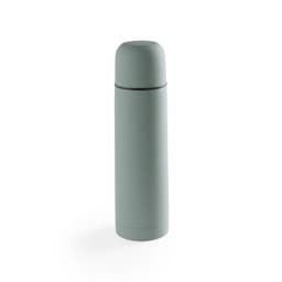 A drink bottle in a muted green colour with a smooth, sleek design and a rounded lid. It features a logo.