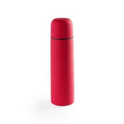 A drink bottle with a sleek design in bright red, featuring a rounded cap and a branding logo.