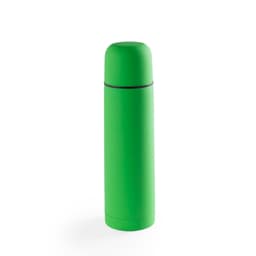 A drink bottle in vibrant green, featuring a sleek design and a secure cap, with a branding logo.