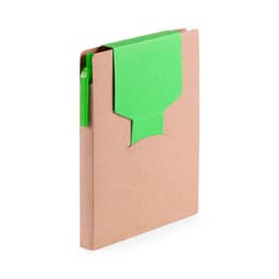 A kraft notebook with a green closure, featuring an integrated pen holder on the side.
