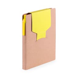 A brown notebook with a yellow closure and yellow page marker. It features a logo on the front cover.