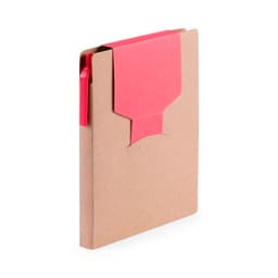 A brown notebook with a red flap and a matching pen attached. It features a logo on the front.