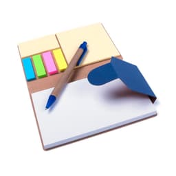 A notebook with a blue pen and various sticky notes in vibrant colours. The notebook has a folder-style cover.