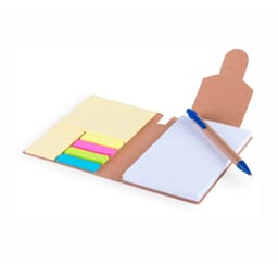 A notebook with a brown cover, featuring sticky notes in yellow, green, pink, and a blue pen.