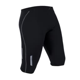 Black sports shorts with a form-fitting design, featuring reflective detailing and a logo. Ideal for athletic activities.