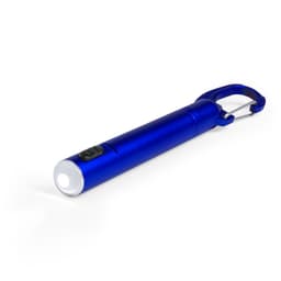A blue flashlight with a carabiner clip and a single light on the front. It has a button for operation.