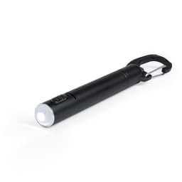 A black pen with a small LED light at one end and a carabiner clip.