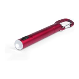 A red aluminium penlight with a carabiner clip and a white LED light at the end.