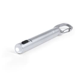 A silver penlight with a carabiner clip and a power button, featuring a bright LED light at one end.