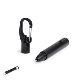 A black pen with a removable cap and a clip for attachment, featuring a branding logo.