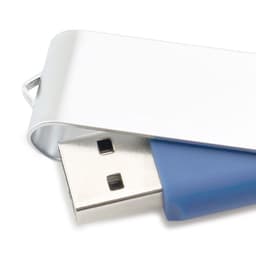 A blue and silver Rebik 16GB USB drive partially extended from its casing, featuring a logo.