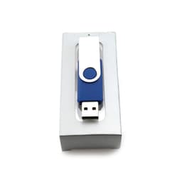 A blue 16GB USB drive with a silver swivel cover, presented in a grey box.
