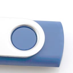 A blue Rebik 16GB USB drive featuring a silver swivel cover and a circular button.