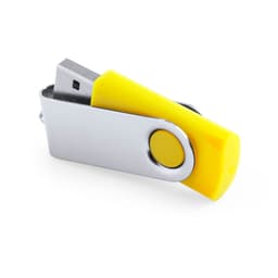 A yellow and silver Rebik 16GB USB drive with a swivel design and a circular button.