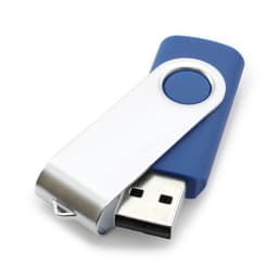 A blue and silver 16GB USB flash drive with a swivel cover and a logo.