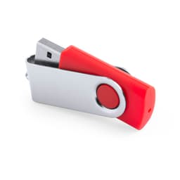 A red and silver USB drive with a swivel design and a circular button. It has a logo on the side.