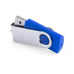 A blue and silver USB drive with a swivel design, featuring a branding logo on the body.