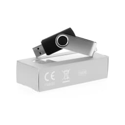 A silver and black 16GB USB drive on its packaging, featuring a circular design and a logo.
