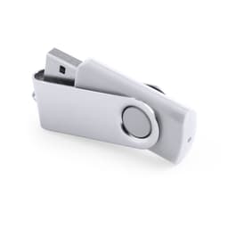 A silver USB drive with a swivel design, featuring a branding logo on the side.