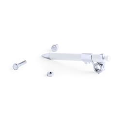 A white pen with metallic accents lies alongside a bolt and two nuts on a plain background. The pen has a logo.
