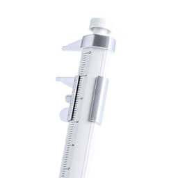 A white pen with a silver clip and detailing, featuring measurement markings along its length.