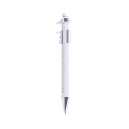A white pen with a silver accent and measurement markings, featuring a retractable mechanism.