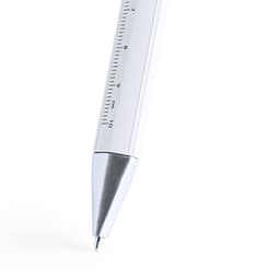 A white pen with a silver grip and measurement markings along its body, featuring a logo on the clip.
