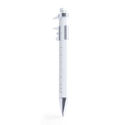 A white pen featuring a ruler on the side and a silver tip, with branding on the body.