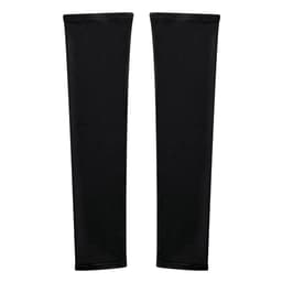 A pair of black arm sleeves made from stretchy material, featuring a simple design and a logo.
